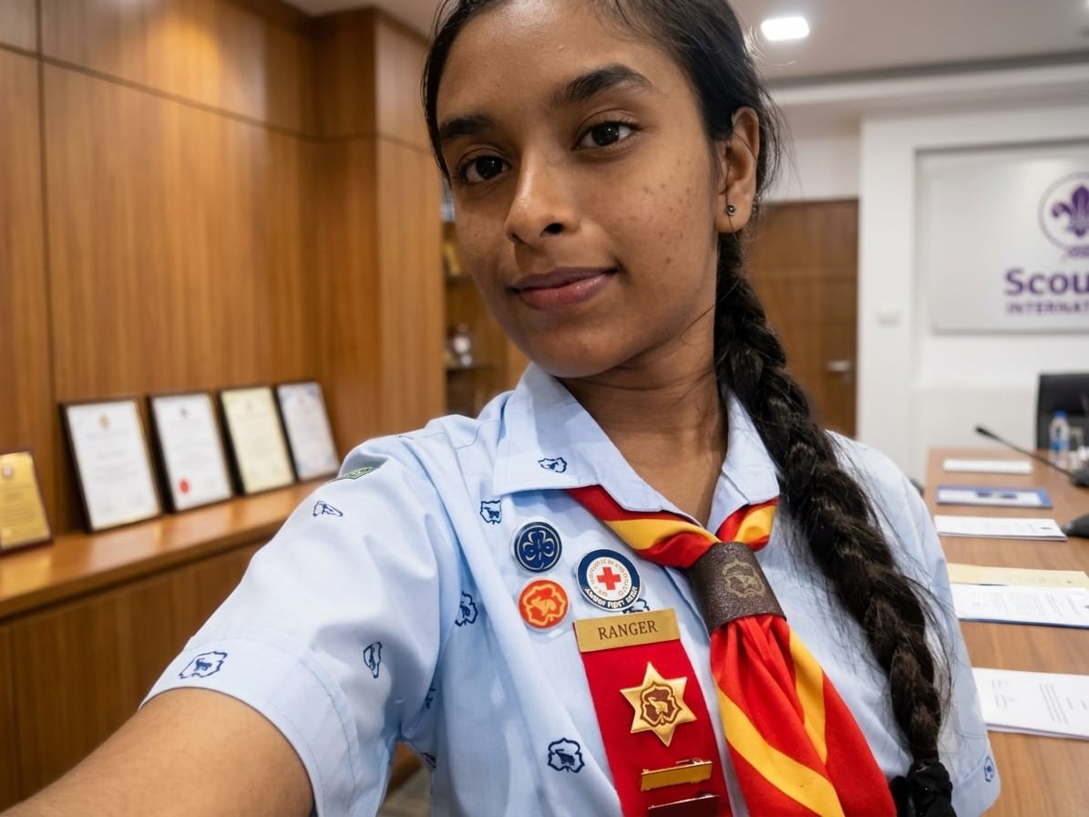 Dilara Boyagoda in official Sri Lanka Girl Guide Ranger uniform with badges